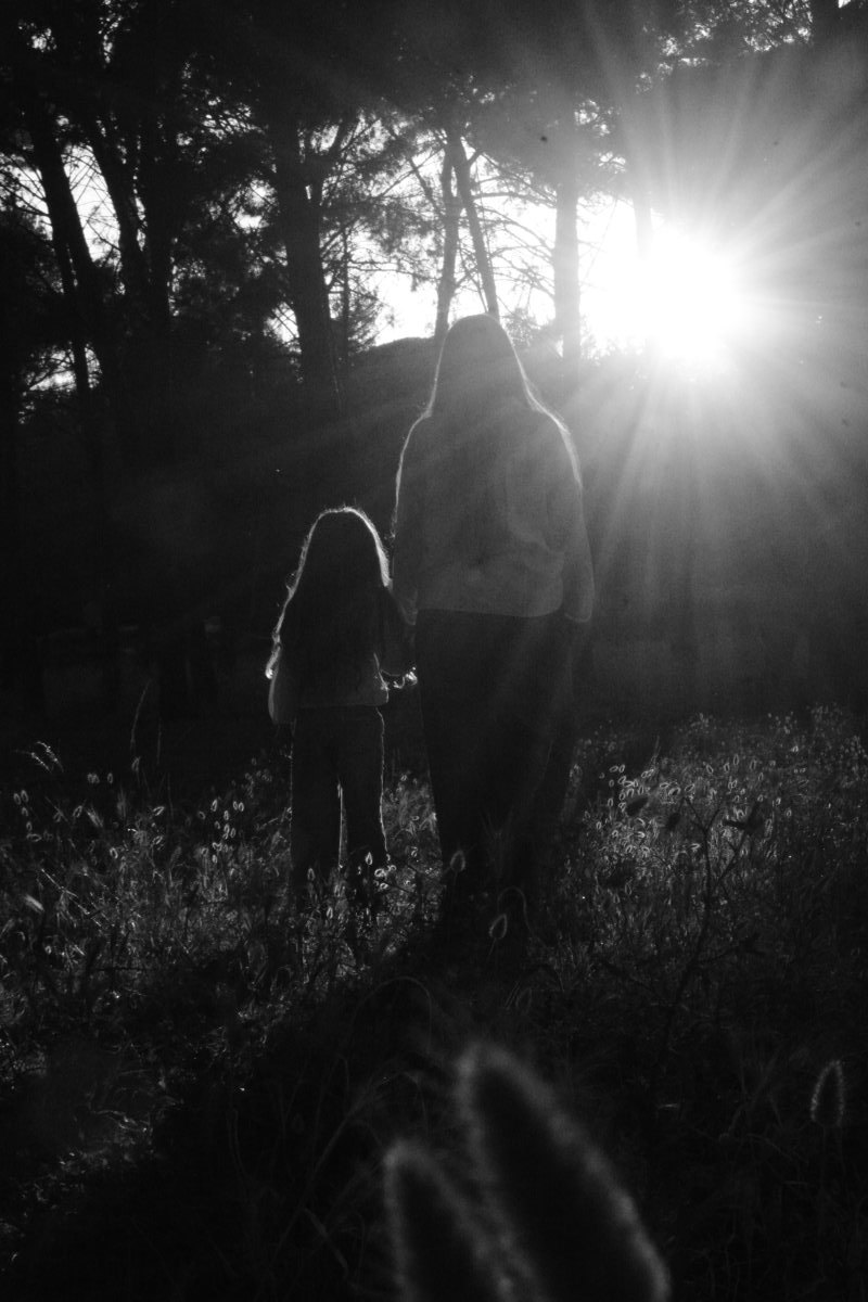 Mother and daughter hand in hand in a field of grasses at sunset, family session